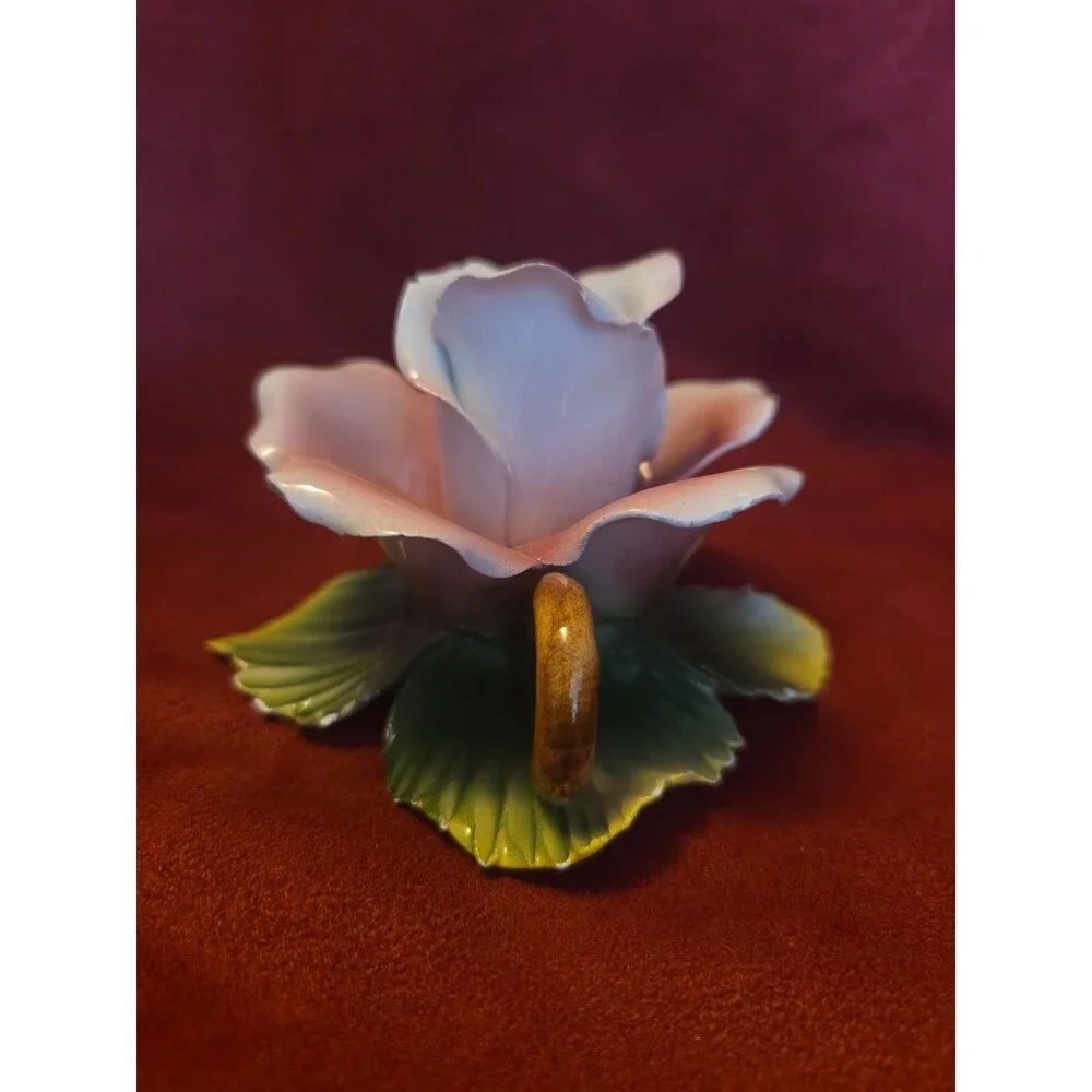 Vintage Capodimonte Pink Rose Floral Italian Porcelain Candle Holder Signed